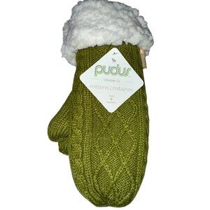 PUDUS Women's Mittens Green Fuzzy Lined Cable Knit One Size NEW NWT